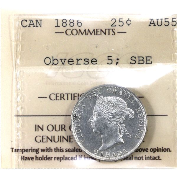 25-cent 1886 Obverse 5; SBE ICCS AU55