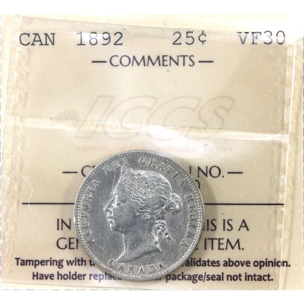 25-cent 1892 ICCS VF30