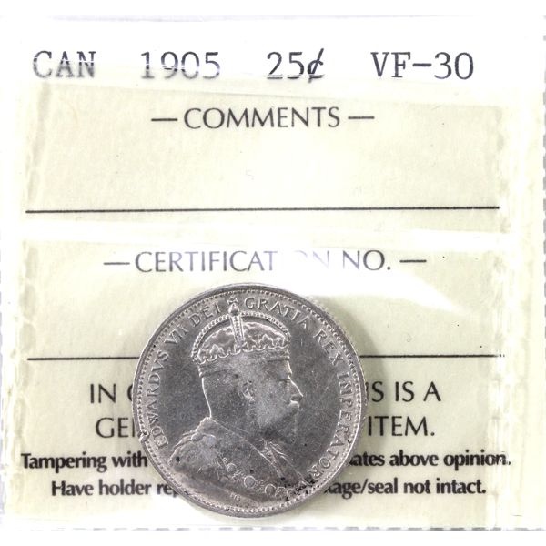 25-cent 1905 ICCS VF30. *Key Date*