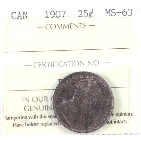 25-cent 1907 ICCS MS63. Deep, Even Mauve Tones Throughout!