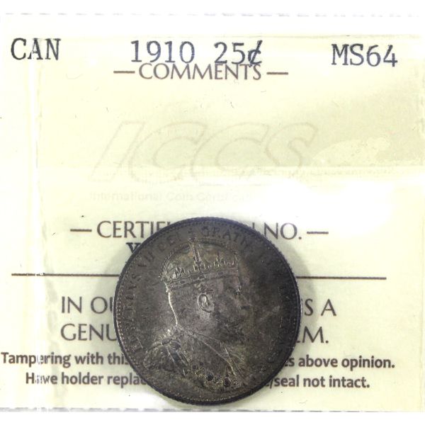25-cent 1910 ICCS MS64. Deep Tones with Hints of Burgundy Lustre & Strong Strike Details!
