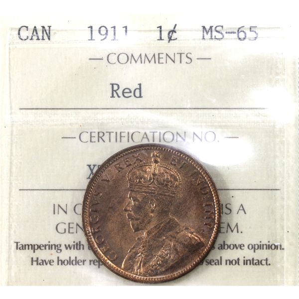 1-cent 1911 ICCS MS65 Red