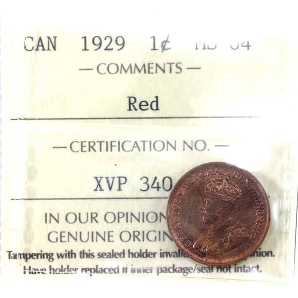 1-cent 1929 ICCS MS64 Red. Almost Full Red Coin!