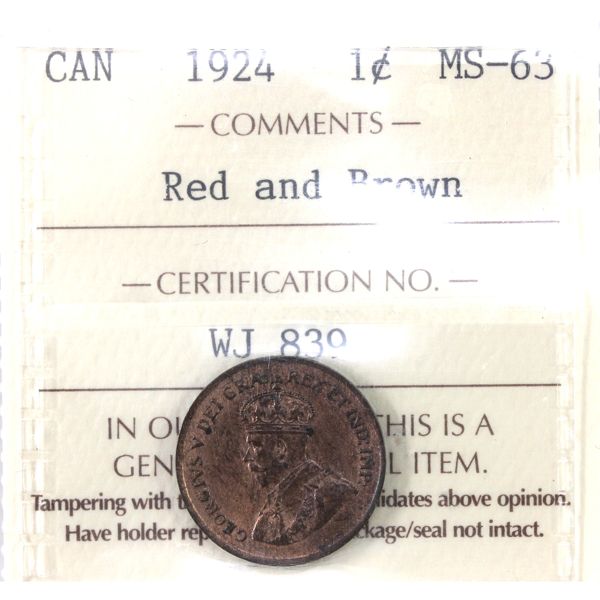 1-cent 1924 ICCS MS63 Red & Brown. Attractive Semi Key Date Issue.