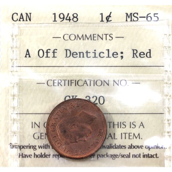 1-cent 1948 A Off Denticle ICCS MS65 Red