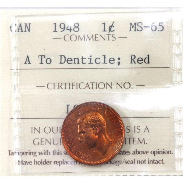 1-cent 1948 A To Denticle ICCS MS65 Red. Bright vibrant red colour!