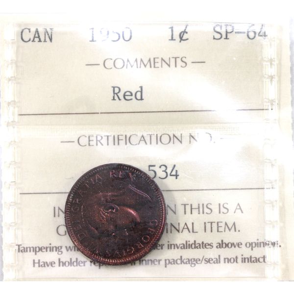1-cent 1950 ICCS SP64 Red. Attractive hues of deep purple mixed with red!