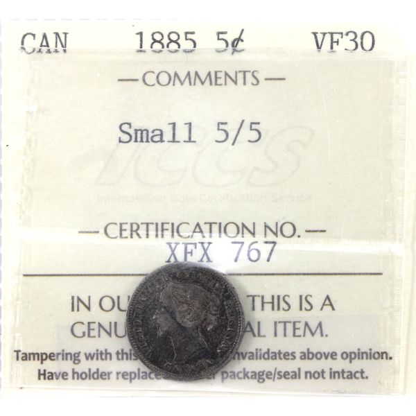 5-cent 1885 Small 5/5 ICCS VF30