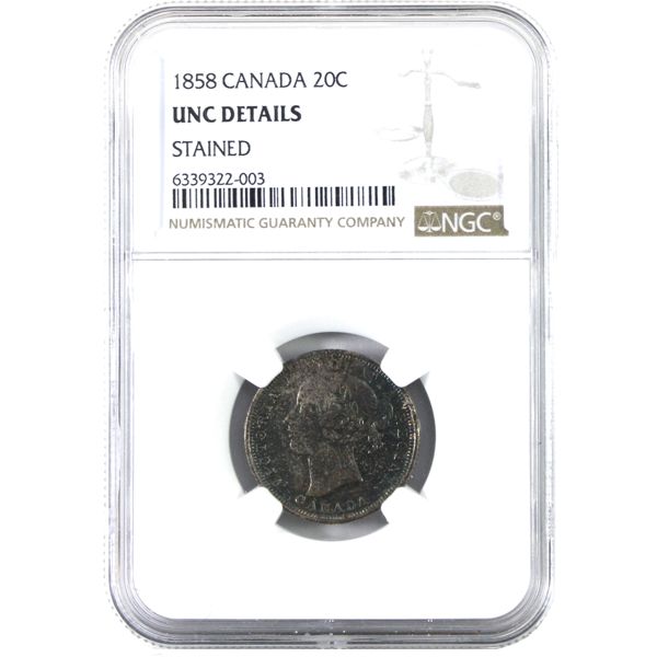 20-cent 1858 Coinage NGC UNC Details, Stained