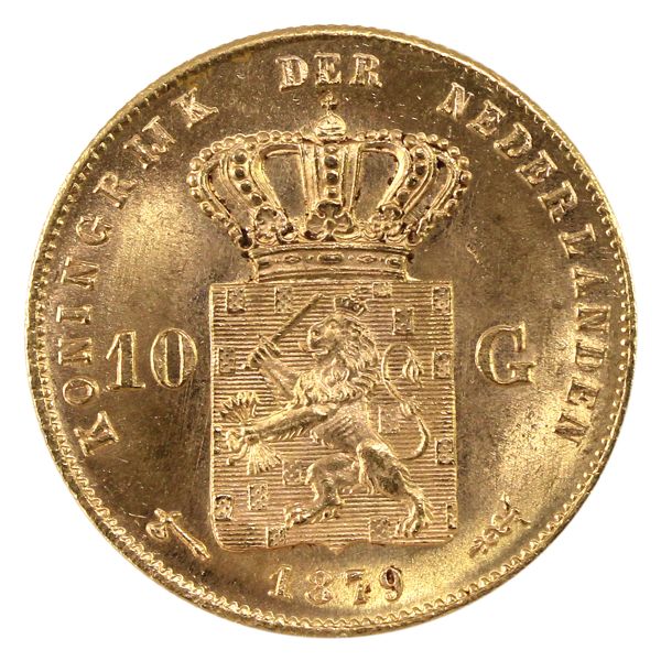 Netherlands Gold 1879 10 Gulden Choice BU. Silky Lustre and Honey-Gold Hue (0.1947oz. Pure)