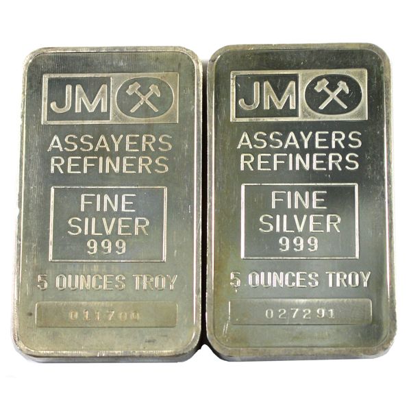 Pair of Johnson Matthey 5oz Fine Silver Bar with Blank Reverse (Tax Exempt)