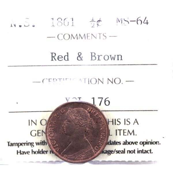 Nova Scotia 1/2-cent 1861 ICCS MS64 Red & Brown. Crisp details over primarily red fields. *Scarce* 