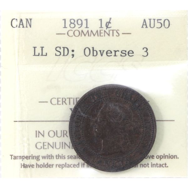 1-cent 1891 LL SD, Obverse 3 ICCS AU50