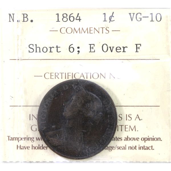 New Brunswick 1-cent 1864 Short 6, E/F ICCS VG10