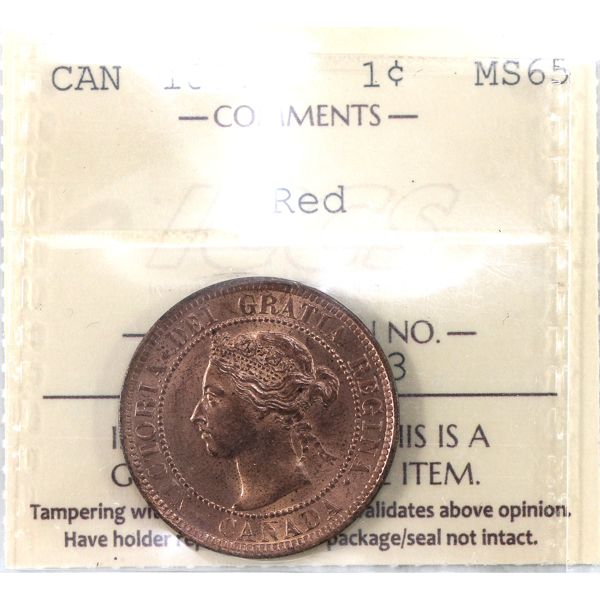 1-cent 1897 ICCS MS65 Red. Nice almost full red coin with radiant lustre!