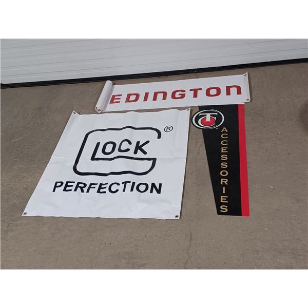 ASSORTED POSTERS, WEATHERBY STICKER, CT SIGN, GLOCK BANNER