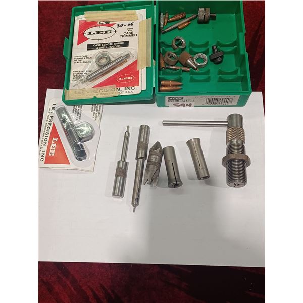 BOX WITH ASSORTED CASE TRIMMERS, BULLET PULLER, ECT.