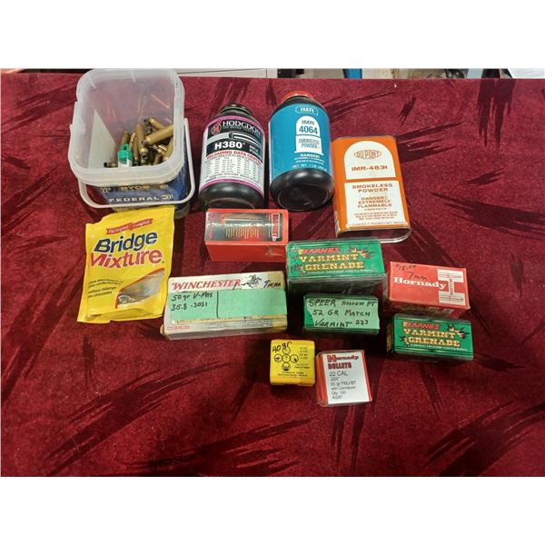 BOX WITH VARIOUS PARTIAL CANS OF POWDER (LESS THAN 1/2LBS) AND PARTIAL BOXES OF BULLETS