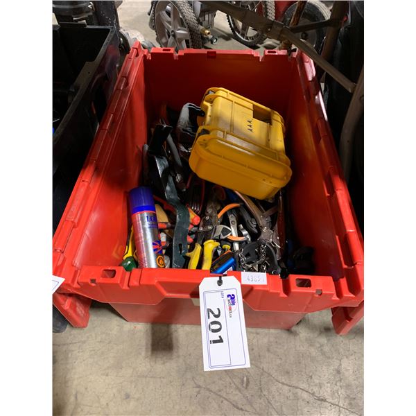 RED PLASTIC BIN OF ASSORTED HAND TOOLS