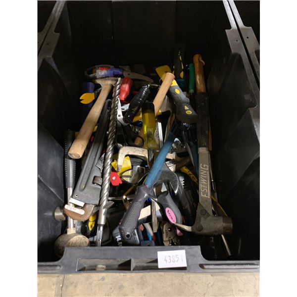 BLACK PLASTIC BIN OF ASSORTED HAND TOOLS