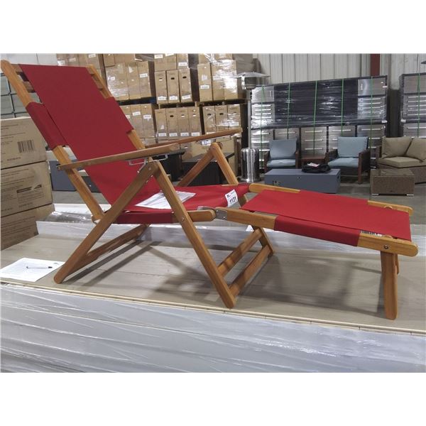 PAIR OF PATIOFLARE WOOD FRAMED RED FABRIC BEACH CHAIRS WITH LEG RESTS *IN BOX ( 2 BOXES )*