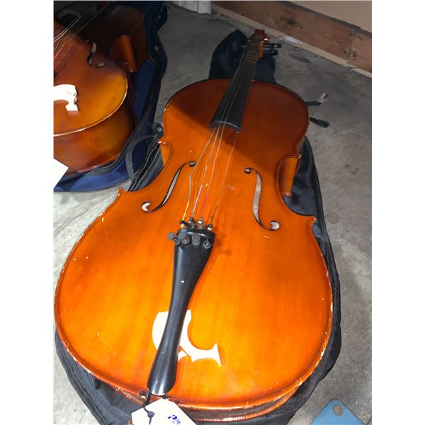 NO NAME DARK WOOD CELLO IN SOFT TRANSPORT CARRY CASE ( BRIDGE IS BROKEN, NEED NEW BRIDGE )