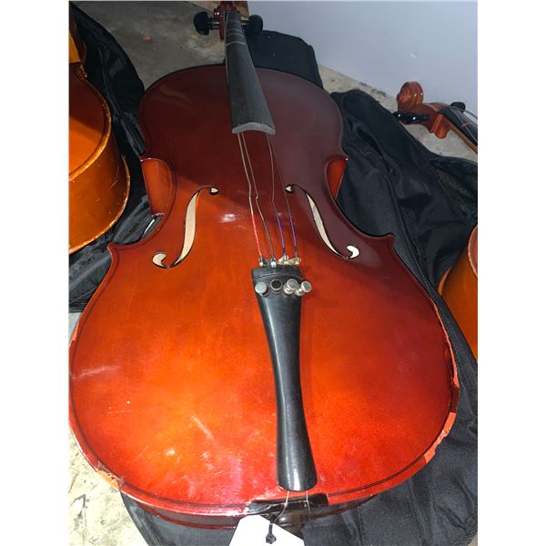 NO NAME DARK WOOD CELLO IN SOFT TRANSPORT CARRY BAG ( MADE IN CZECHOSLOVAKIA, BRIDGE IS MISSING )