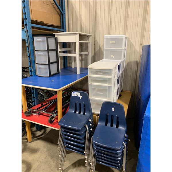 LARGE CHILDREN'S WORK TABLES, MOBILE WOODEN STORAGE SHELF, BLUE PLASTIC CHILDREN'S STACKING CHAIRS,