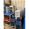 Image 1 : LARGE CHILDREN'S WORK TABLES, MOBILE WOODEN STORAGE SHELF, BLUE PLASTIC CHILDREN'S STACKING CHAIRS,