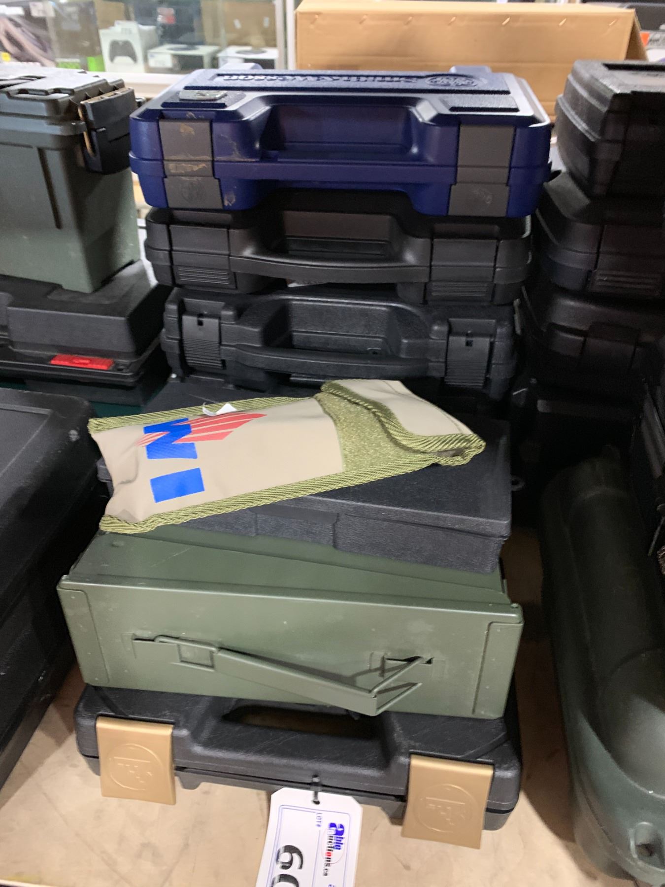LOT OF HANDGUN CARRY BOXES, PAIR OF RANDOM FIREARM CLEANING KITS & AMMO ...