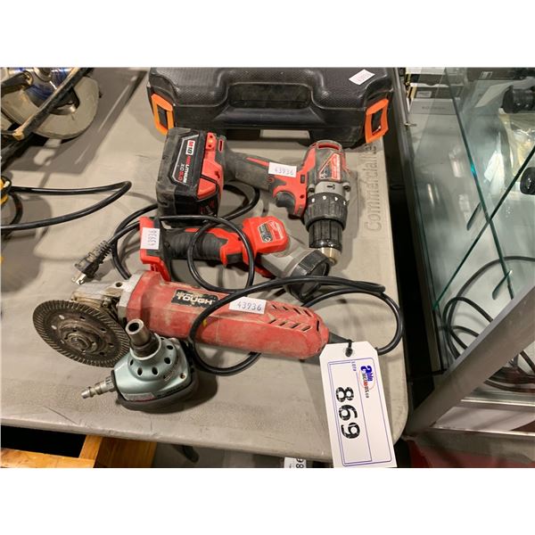 MILWAUKEE M18 CORDLESS DRILL WITH BATTERY, MILWAUKEE WORKLIGHT, HYPER TOUGH ELECTRIC ANGLE GRINDER,