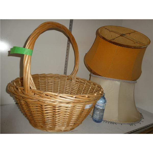 wicker basket w/ handle, 2 lamp shades