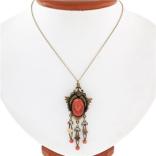 Antique Victorian 14K Gold High Relief Carved Coral Cameo & Bead Dangle Pendant