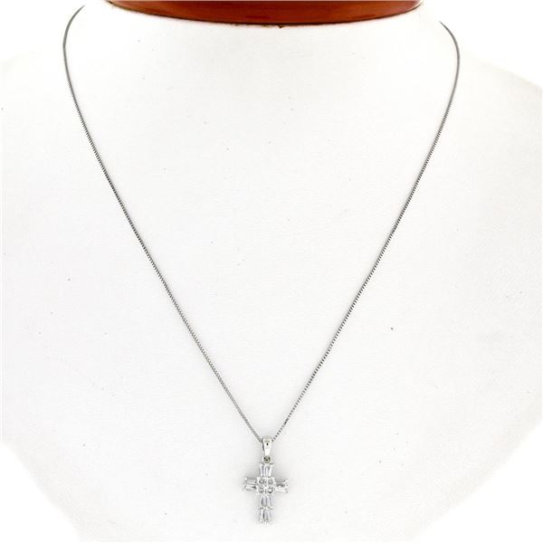 Petite 18K White Gold .37 ctw Round & Baguette Cut Diamond Cross Pendant w/ Chai
