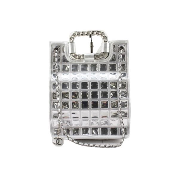 Chanel Silver Vinyl PVC Chocolate Bar Ice Cube Chain Shoulder Bag