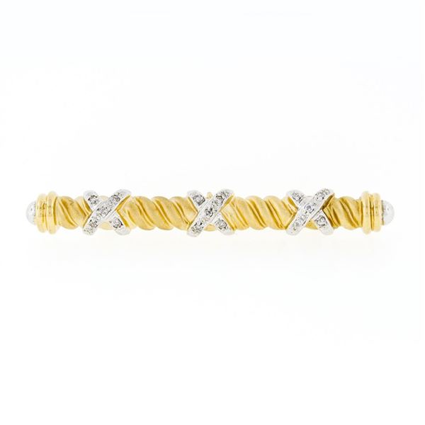 Estate 14k Gold Single Cut Diamond "X" Figure Satin Twisted Cable Bar Pin Brooch