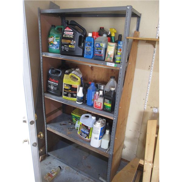 Metal Shelf with Various Oils (Some Full Containers, Some Partial)