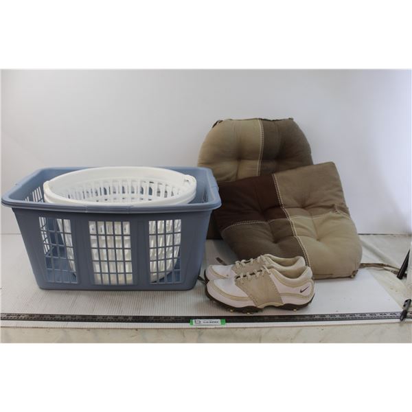 (3) Laundry Baskets, (2) Kitchen Chair Cushions, Vintage Nike Cleats