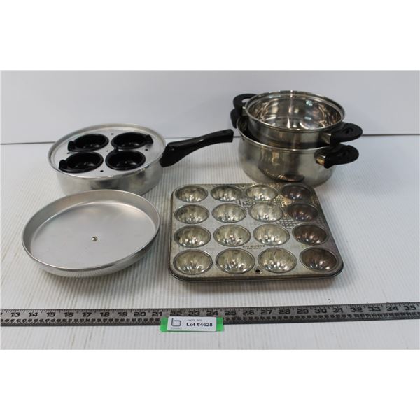 (2) Pots without Lids, Egg Poacher, 16-Cup Bake-Rite Tinware Cupcake Tray