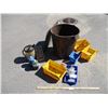 Image 1 : **Garbage Can with Miscellaneous Propane Cylinders, Storage Containers, Miscellaneous