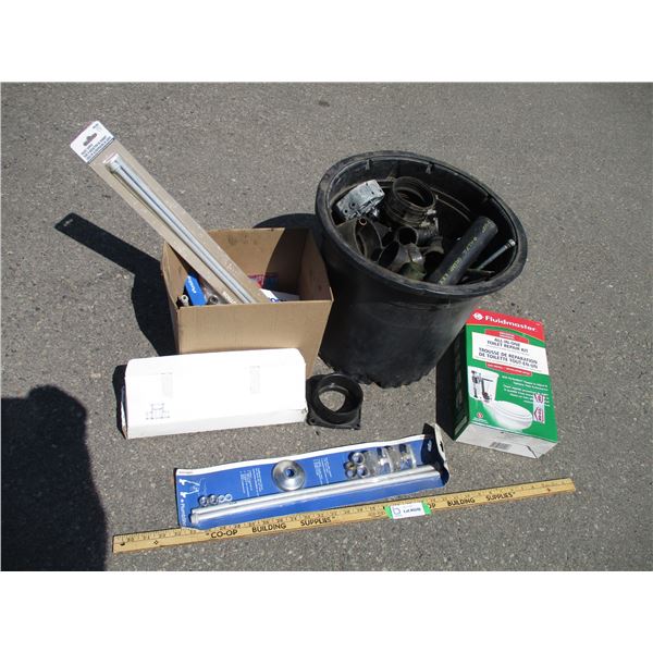 **Tub of Plumbing Supplies, 1 1/2" Covers, Elbows, Couplers, Misc.