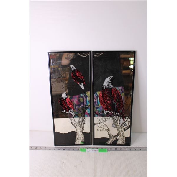 (2) Framed Mirrors with Art of Birds - 8" x 20"