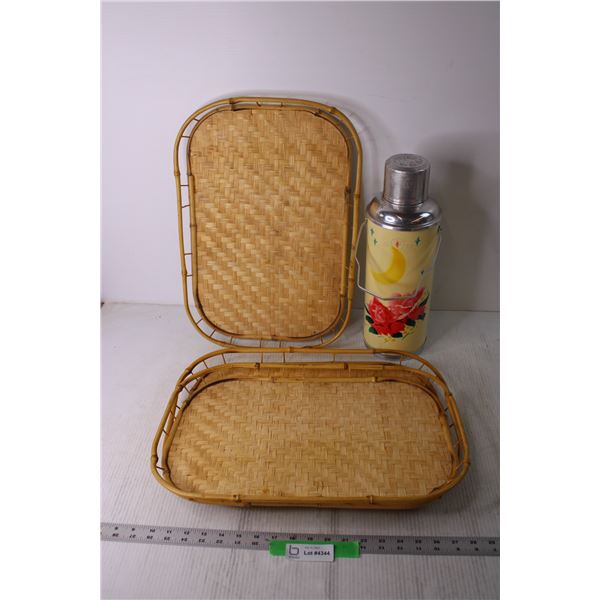 (3) Wicker Trays and Large Vintage Thermos