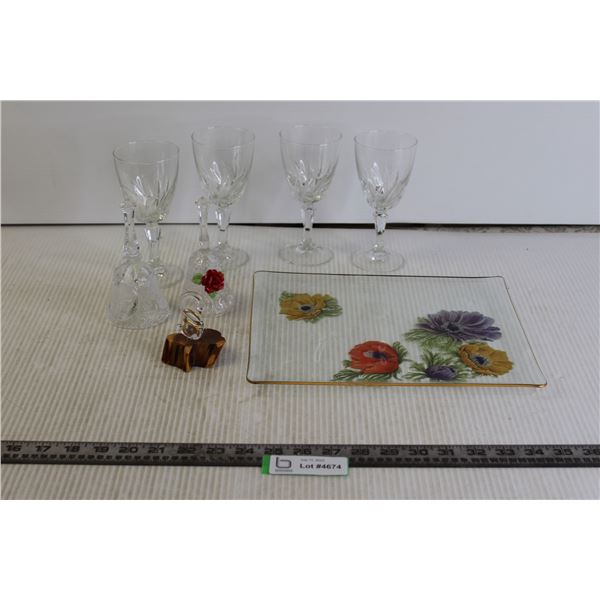 Glass Cups, Serving Plate, and (2) Bells