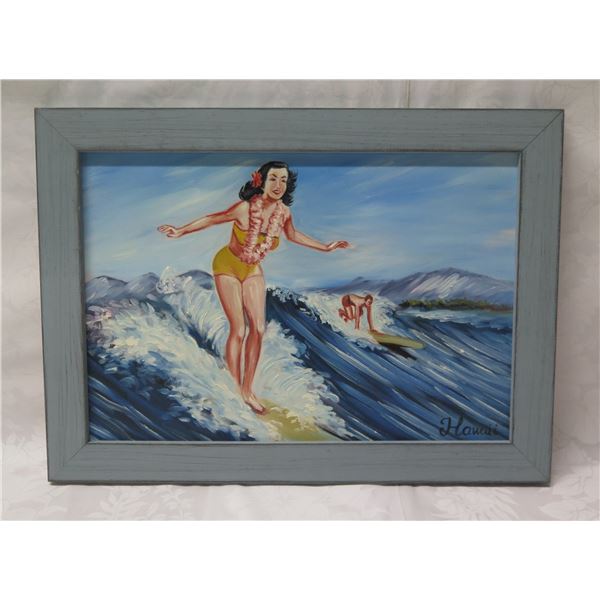 Hawaii Surfing Artwork, Framed 18 x13 