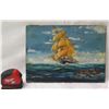 Image 1 : Outrigger Canoe Approaches Masted Ship Oil Painting on Canvas, Unframed 14"x10"