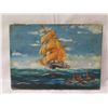 Image 2 : Outrigger Canoe Approaches Masted Ship Oil Painting on Canvas, Unframed 14"x10"