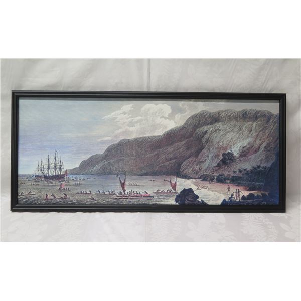 Canoes Meeting Masted Ships Artwork, Framed 35"x15"