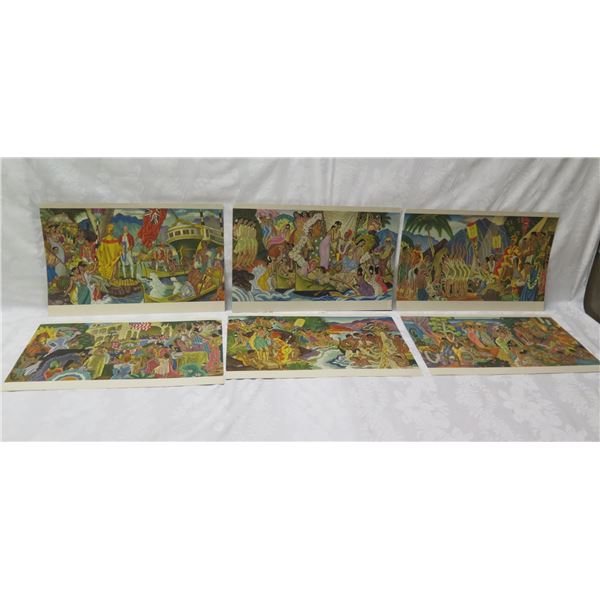 Qty 6 Complete Set Unfolded Hawaii Artwork w/ Info by Eugene Savage 21"x14"