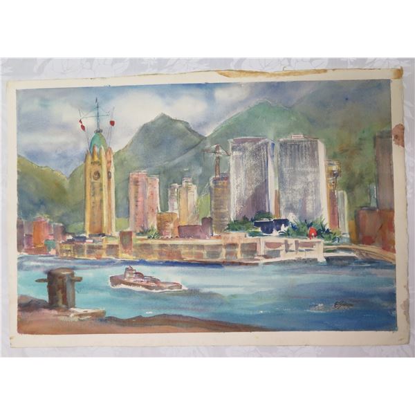 Aloha Tower Harbor Artwork Signed by Elizabeth Zinn, Unfamed 22"x15"